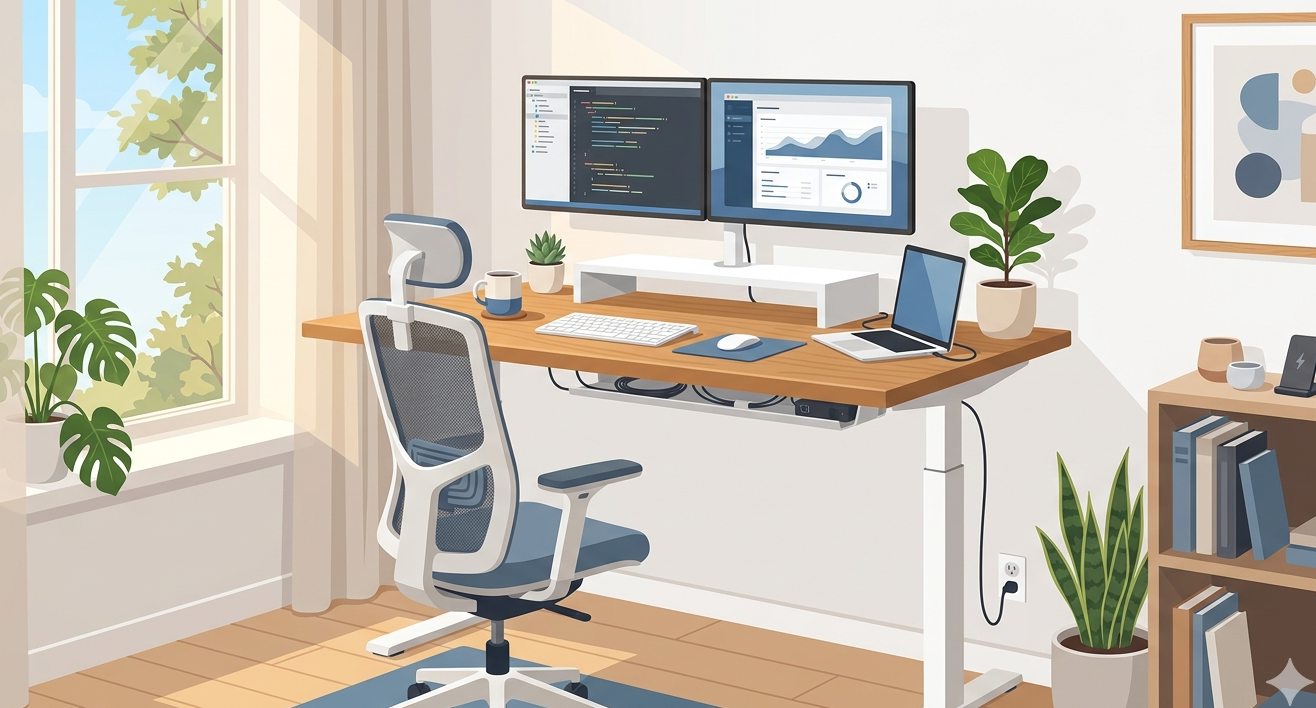 Home office setup with monitor and standing desk